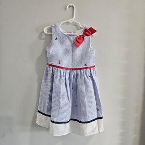 Rare Editions Blue Striped Dress with Red Bow